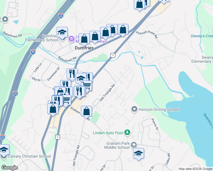 map of restaurants, bars, coffee shops, grocery stores, and more near 1612 Fort Fisher Court in Dumfries