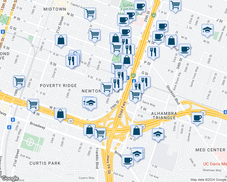 map of restaurants, bars, coffee shops, grocery stores, and more near 2812 S Street in Sacramento