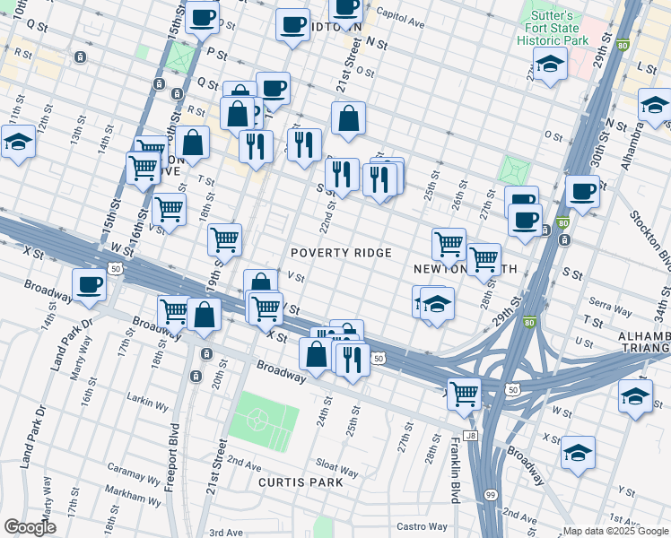 map of restaurants, bars, coffee shops, grocery stores, and more near 2212 U Street in Sacramento