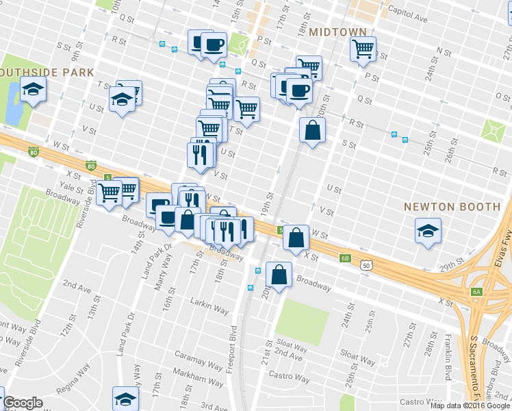 map of restaurants, bars, coffee shops, grocery stores, and more near 2217 18th Street in Sacramento