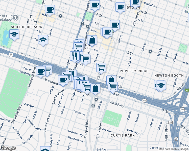 map of restaurants, bars, coffee shops, grocery stores, and more near 2217 18th Street in Sacramento