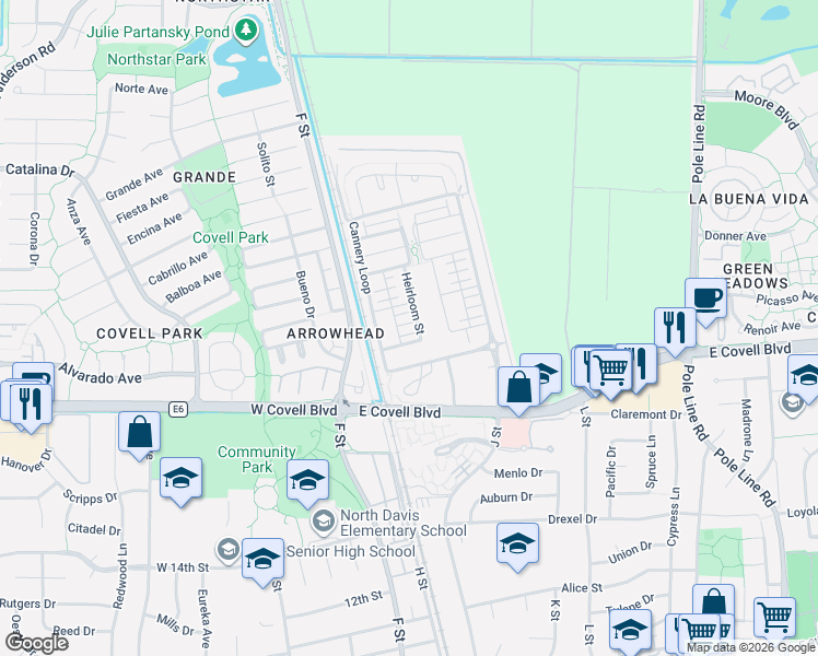 map of restaurants, bars, coffee shops, grocery stores, and more near 1680 Heirloom Street in Davis
