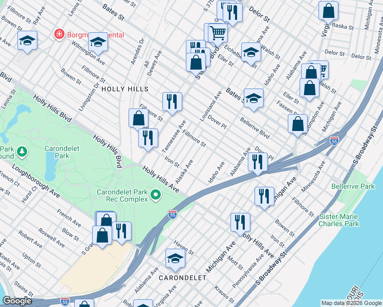 map of restaurants, bars, coffee shops, grocery stores, and more near 6117 Alaska Avenue in St. Louis