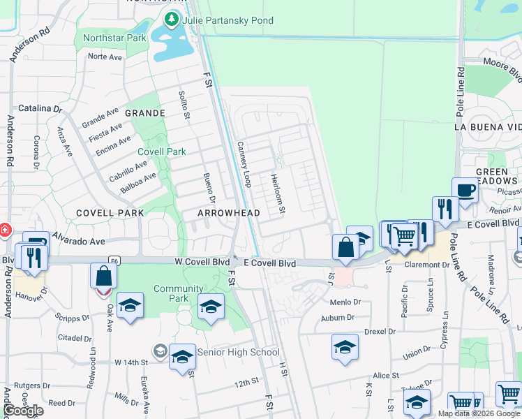 map of restaurants, bars, coffee shops, grocery stores, and more near 901 Jacobsen Lane in Davis