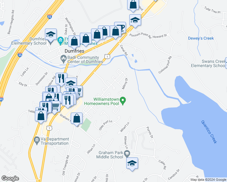 map of restaurants, bars, coffee shops, grocery stores, and more near 3631 McDowell Court in Dumfries
