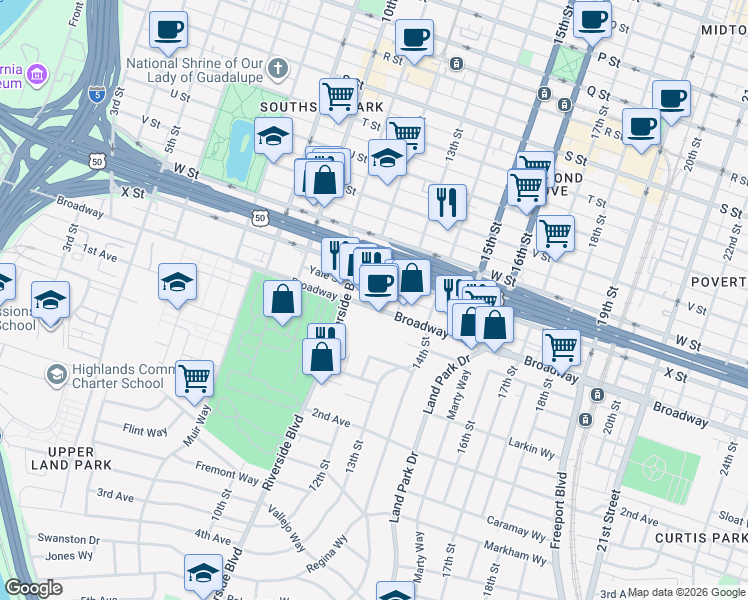map of restaurants, bars, coffee shops, grocery stores, and more near 1211 Broadway in Sacramento
