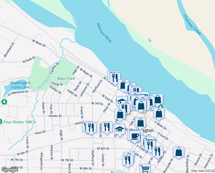 map of restaurants, bars, coffee shops, grocery stores, and more near 534 West Front Street in Washington
