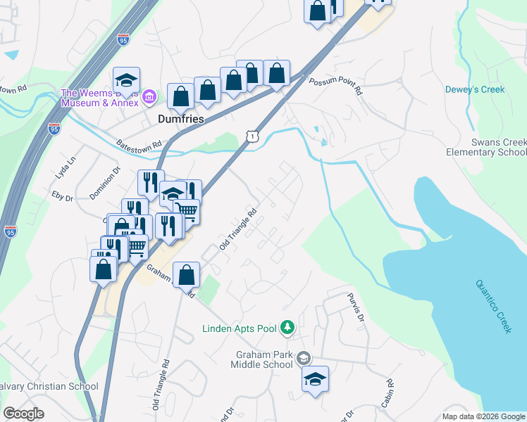 map of restaurants, bars, coffee shops, grocery stores, and more near 2234 Fort Pickens Court in Dumfries