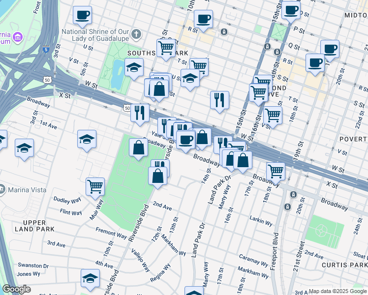 map of restaurants, bars, coffee shops, grocery stores, and more near 1211 Broadway in Sacramento
