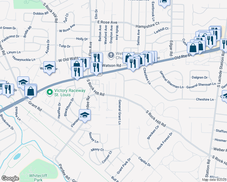 map of restaurants, bars, coffee shops, grocery stores, and more near 8525 Grantshire Lane in Affton