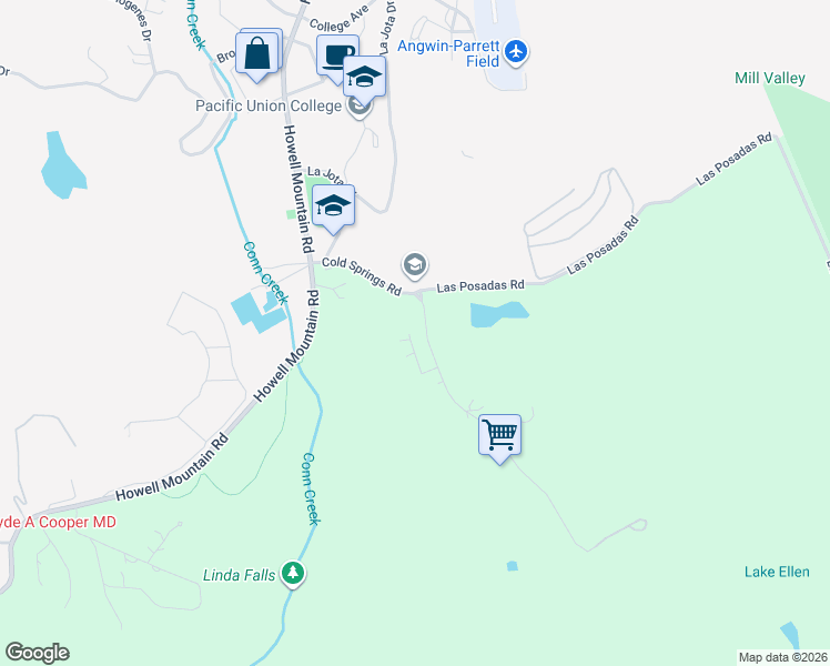 map of restaurants, bars, coffee shops, grocery stores, and more near 100 Cold Springs Road in Angwin