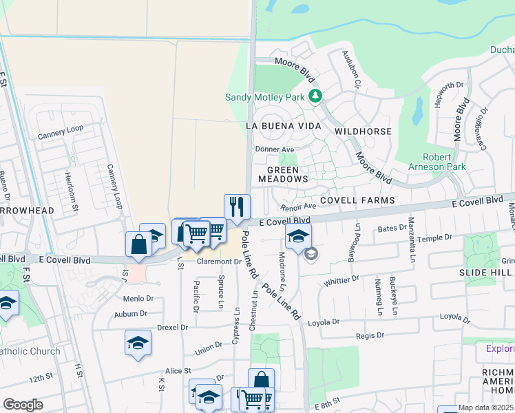 map of restaurants, bars, coffee shops, grocery stores, and more near 1724 Picasso Avenue in Davis