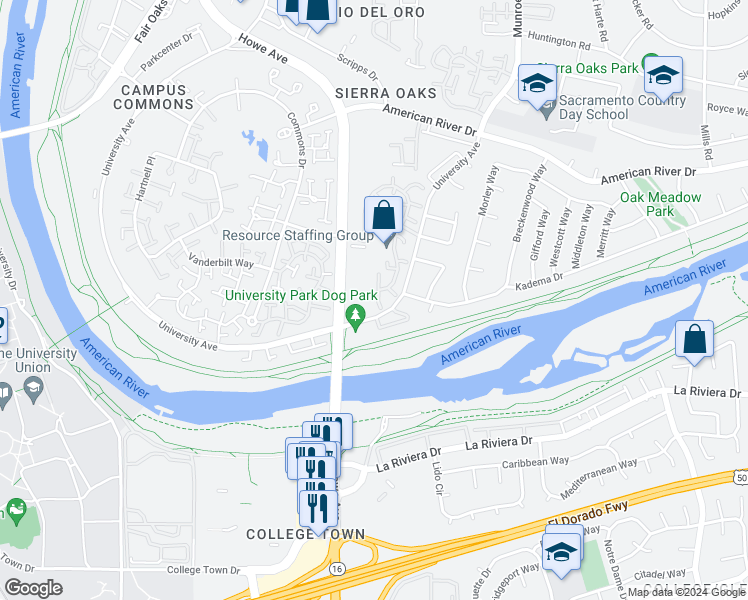 map of restaurants, bars, coffee shops, grocery stores, and more near 1904 University Park Drive in Sacramento