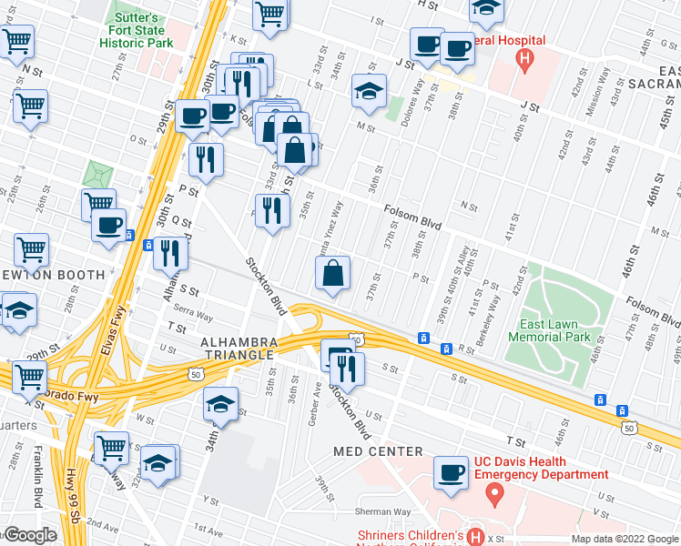 map of restaurants, bars, coffee shops, grocery stores, and more near 1648 36th Street in Sacramento