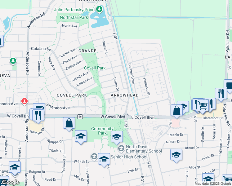 map of restaurants, bars, coffee shops, grocery stores, and more near 2360 Bueno Drive in Davis