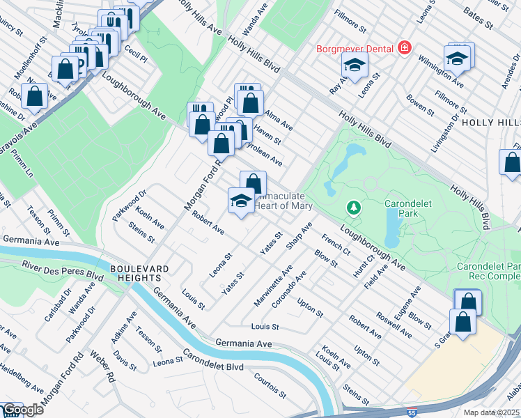 map of restaurants, bars, coffee shops, grocery stores, and more near 4070 Quincy Street in St. Louis
