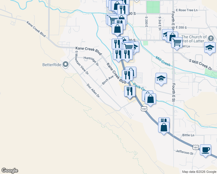 map of restaurants, bars, coffee shops, grocery stores, and more near 750 Huntridge Drive in Moab