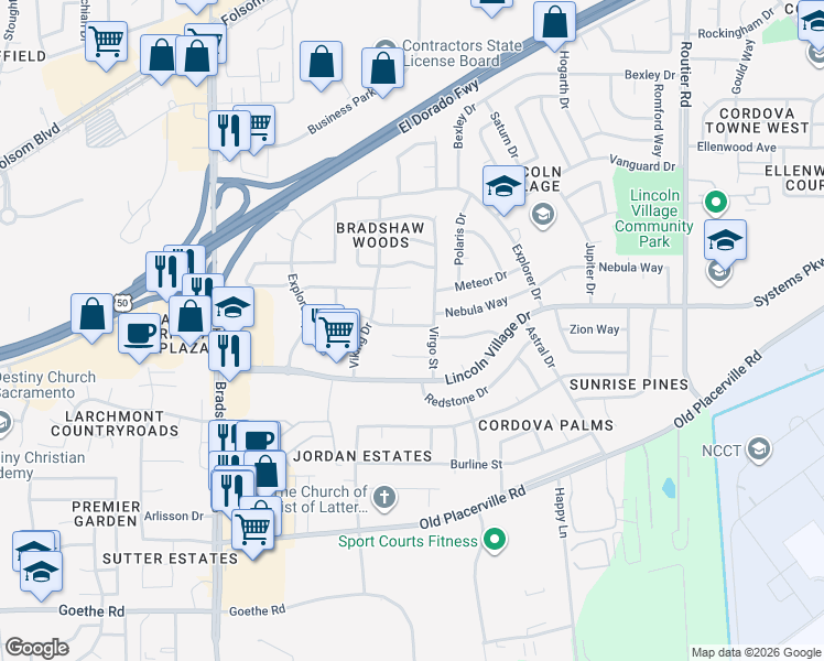 map of restaurants, bars, coffee shops, grocery stores, and more near 9830 Mars Way in Sacramento