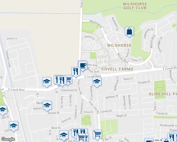 map of restaurants, bars, coffee shops, grocery stores, and more near 1818 Renoir Avenue in Davis