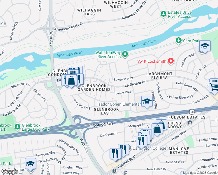 map of restaurants, bars, coffee shops, grocery stores, and more near 8880 La Riviera Drive in Sacramento