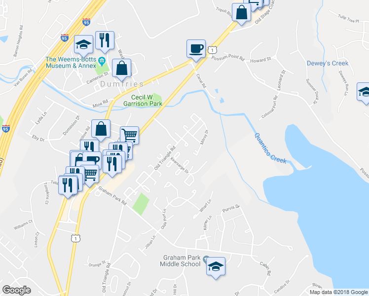 map of restaurants, bars, coffee shops, grocery stores, and more near 3635 McDowell Court in Dumfries