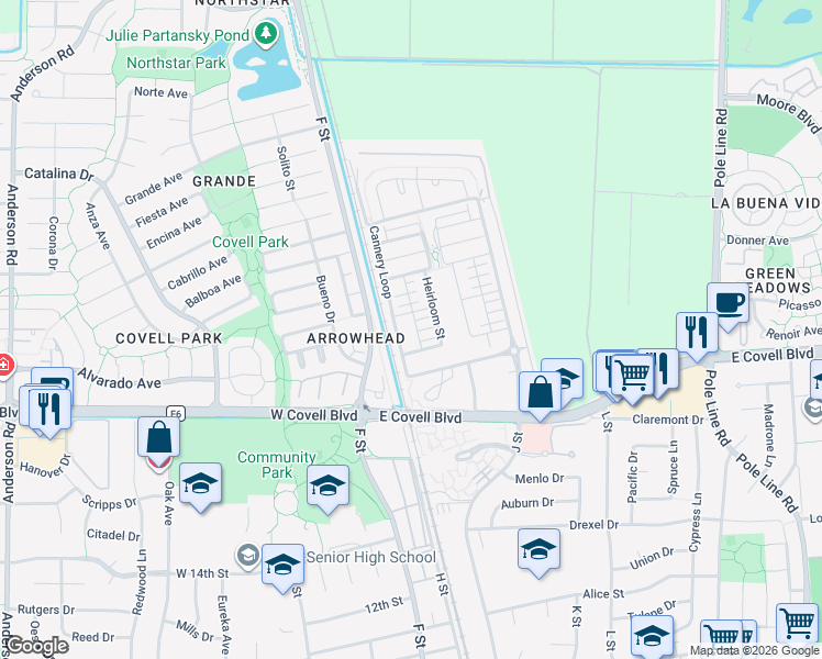 map of restaurants, bars, coffee shops, grocery stores, and more near 1661 Spring Street in Davis