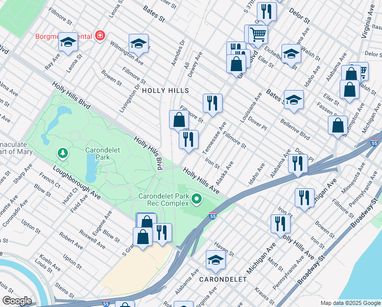 map of restaurants, bars, coffee shops, grocery stores, and more near 6164 South Grand Boulevard in St. Louis