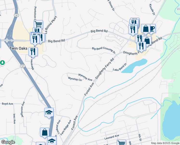 map of restaurants, bars, coffee shops, grocery stores, and more near 1006 Big Bend Station Dr in Valley Park