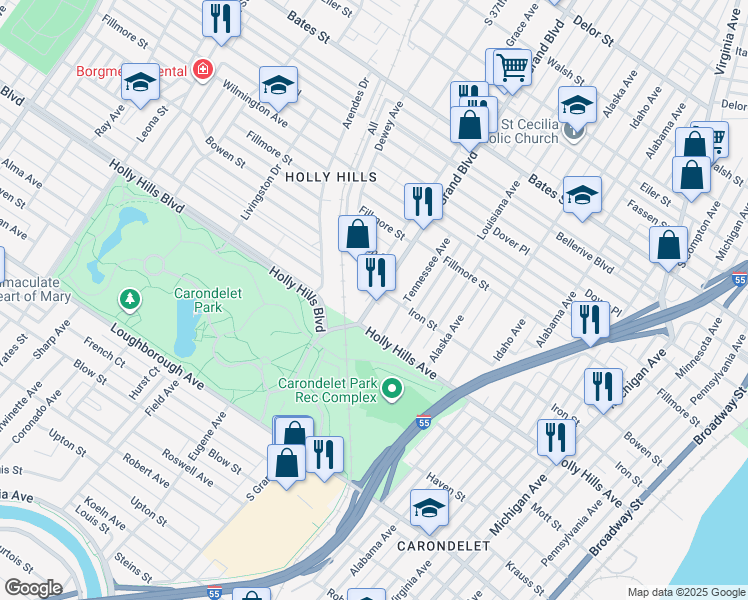 map of restaurants, bars, coffee shops, grocery stores, and more near 3610 Iron Street in St. Louis
