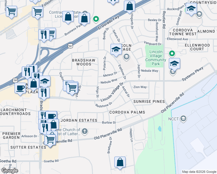 map of restaurants, bars, coffee shops, grocery stores, and more near 9929 Aries Way in Sacramento