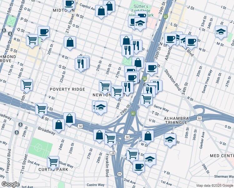 map of restaurants, bars, coffee shops, grocery stores, and more near 2713 T Street in Sacramento