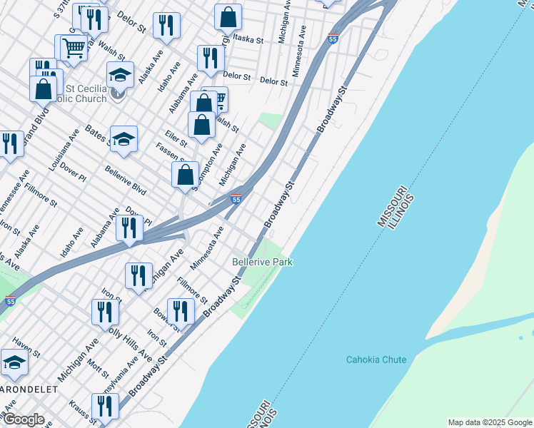 map of restaurants, bars, coffee shops, grocery stores, and more near 5411 South Broadway in St. Louis