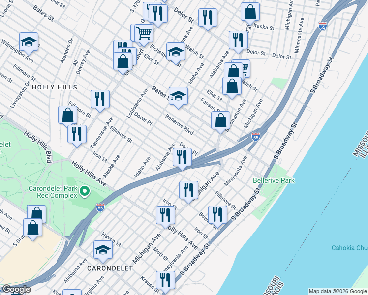 map of restaurants, bars, coffee shops, grocery stores, and more near in St. Louis