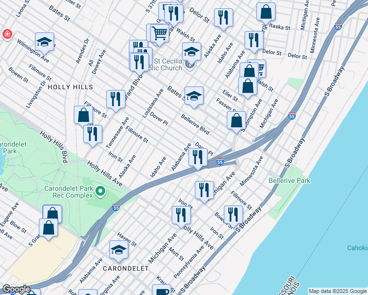 map of restaurants, bars, coffee shops, grocery stores, and more near 704 Dover Place in St. Louis