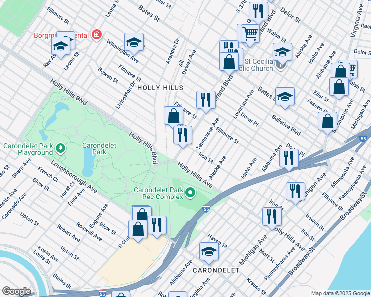 map of restaurants, bars, coffee shops, grocery stores, and more near 6164 South Grand Boulevard in St. Louis