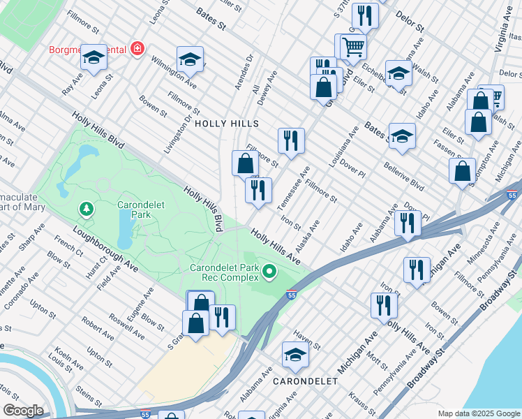 map of restaurants, bars, coffee shops, grocery stores, and more near 6164 South Grand Boulevard in St. Louis