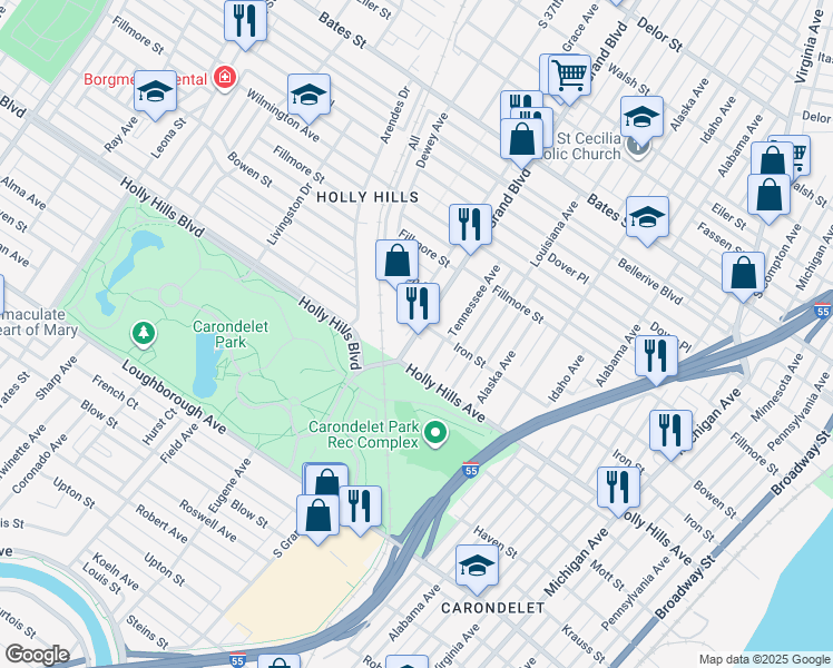 map of restaurants, bars, coffee shops, grocery stores, and more near 3610 Iron Street in St. Louis