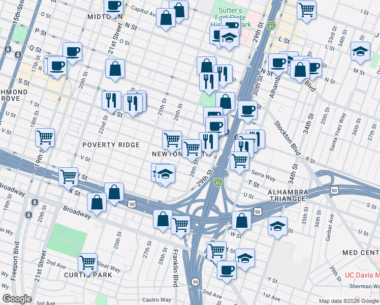map of restaurants, bars, coffee shops, grocery stores, and more near 2713 T Street in Sacramento