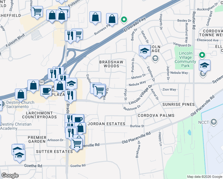 map of restaurants, bars, coffee shops, grocery stores, and more near 9734 Mars Way in Sacramento