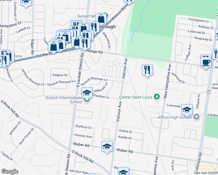 map of restaurants, bars, coffee shops, grocery stores, and more near 8217 Marvale Lane in Affton