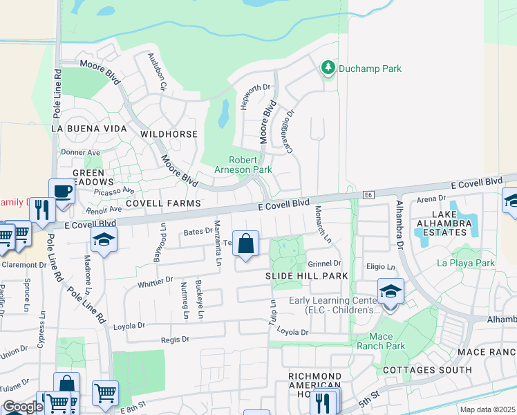 map of restaurants, bars, coffee shops, grocery stores, and more near East Covell Boulevard in Davis