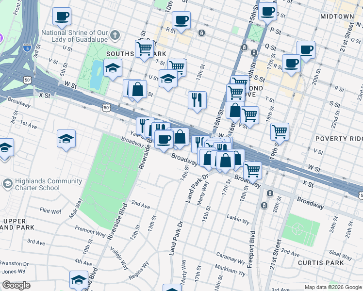 map of restaurants, bars, coffee shops, grocery stores, and more near 1306 X Street in Sacramento