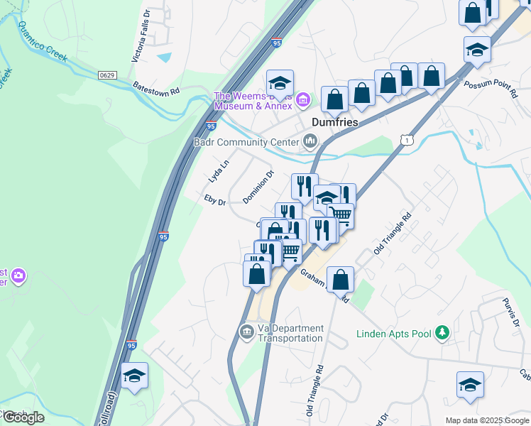 map of restaurants, bars, coffee shops, grocery stores, and more near 4023 White Haven Drive in Dumfries