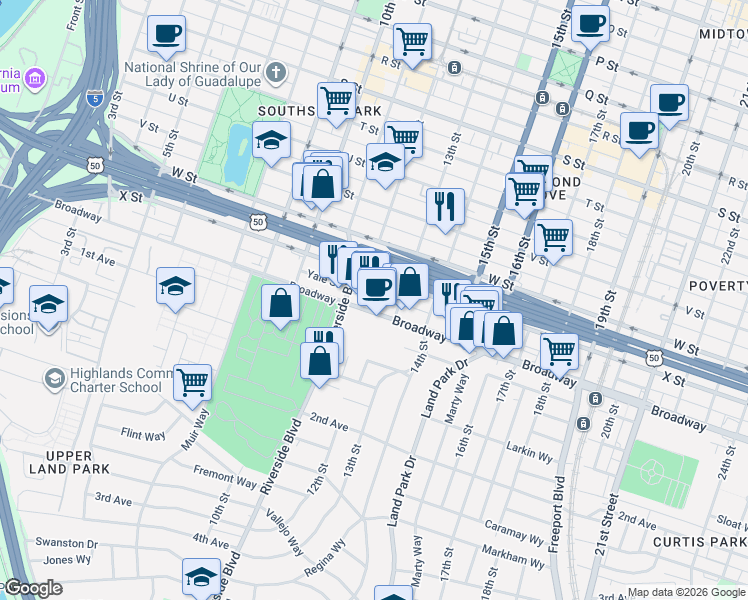 map of restaurants, bars, coffee shops, grocery stores, and more near 1211 Broadway in Sacramento