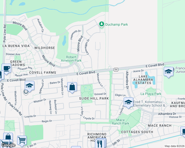 map of restaurants, bars, coffee shops, grocery stores, and more near 1816 Myrtle Place in Davis