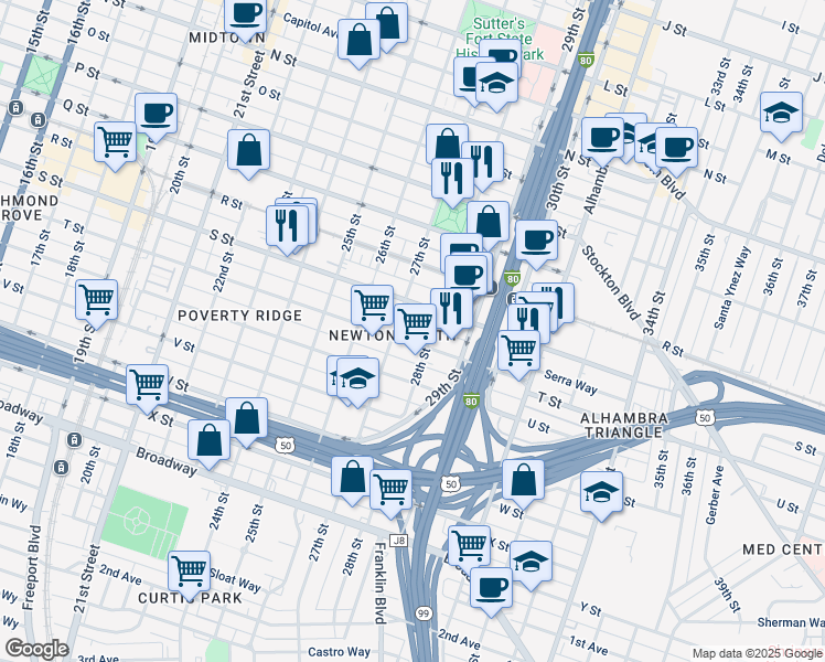 map of restaurants, bars, coffee shops, grocery stores, and more near 2713 T Street in Sacramento