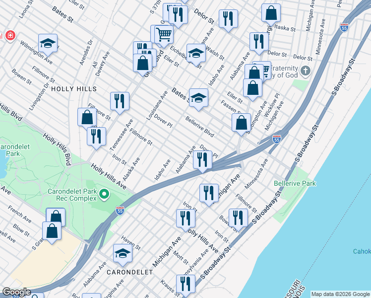 map of restaurants, bars, coffee shops, grocery stores, and more near 704 Dover Place in St. Louis