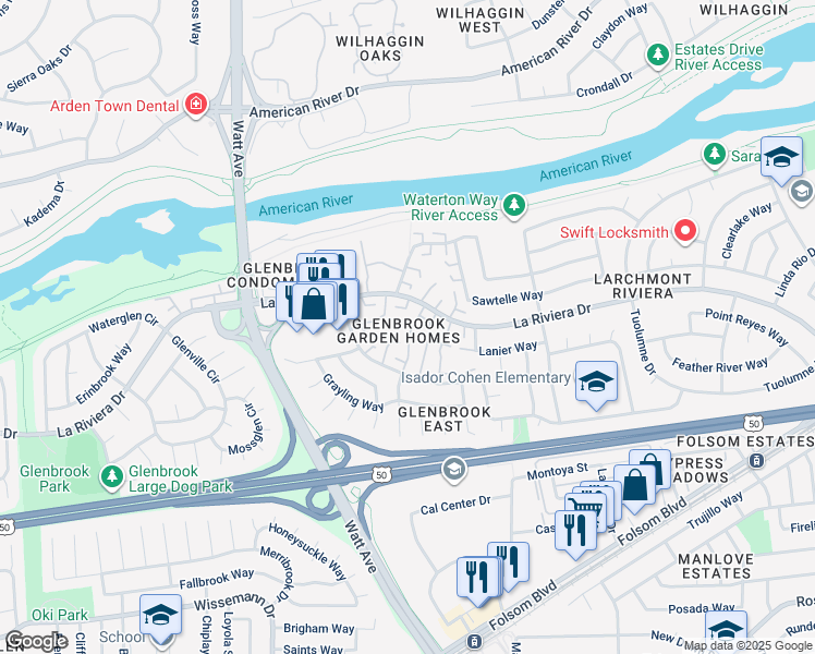 map of restaurants, bars, coffee shops, grocery stores, and more near 8856 La Riviera Drive in Sacramento