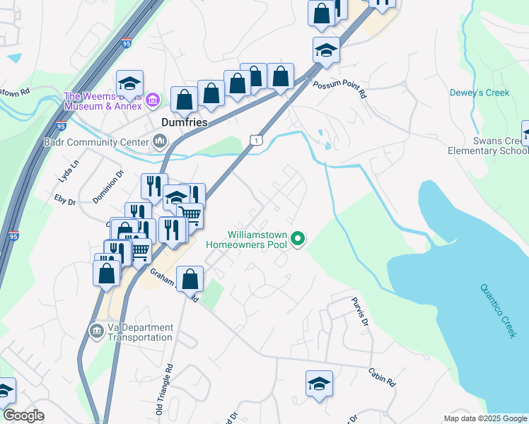 map of restaurants, bars, coffee shops, grocery stores, and more near 2242 Fort Pickens Court in Dumfries