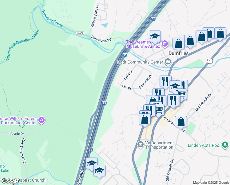 map of restaurants, bars, coffee shops, grocery stores, and more near 17942 Alicia Avenue in Dumfries